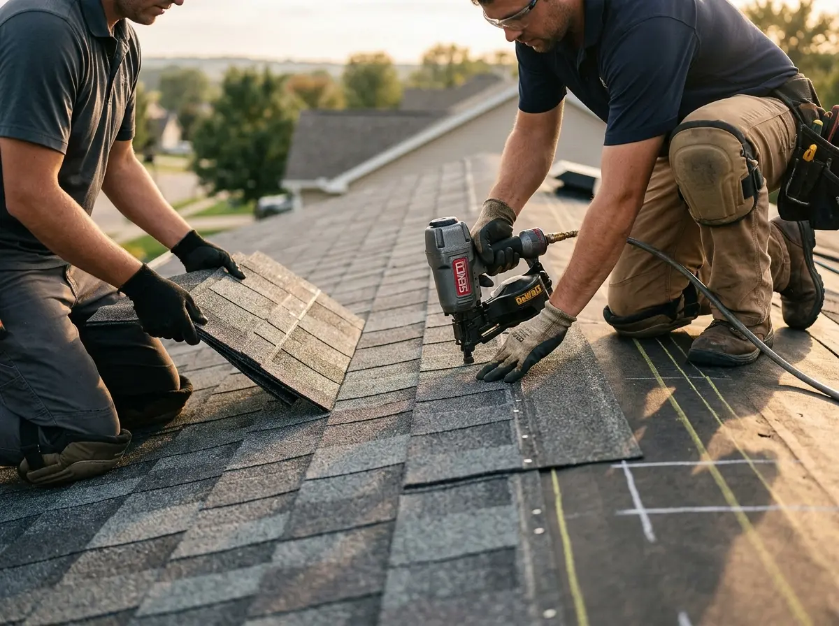 Professional roofer working on a residential roof in Davidson